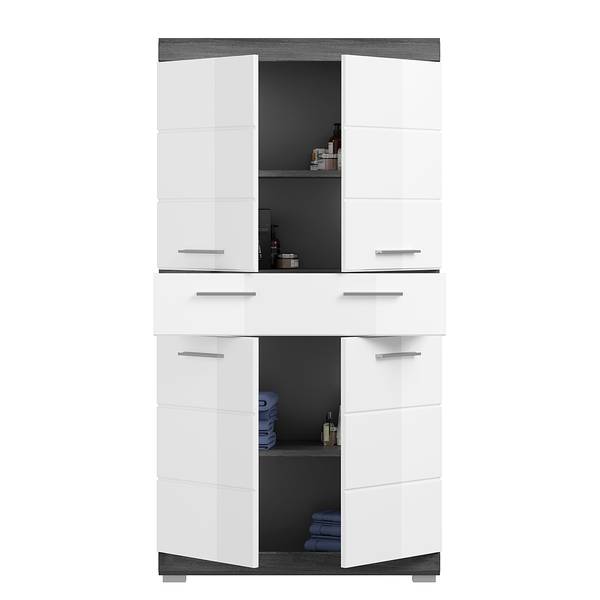 Salle de bain Sarai - 4 élém. Blanc brillant / Imitation chêne de Sardaigne gris cendré - Argent cendré