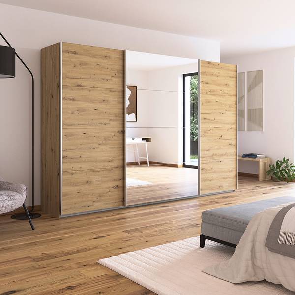 Armoire Quadra - Miroir Imitation chêne Artisan - Largeur : 315 cm