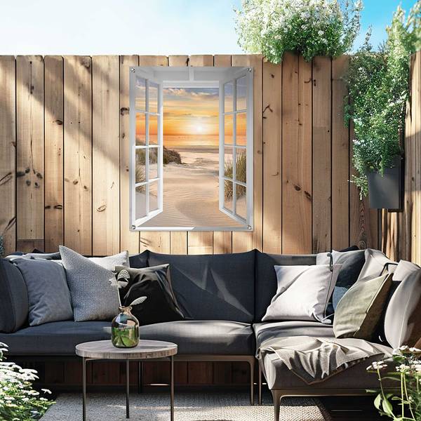 Outdoor-poster Zonsondergang strand PVC - oranje - 60 x 80 cm