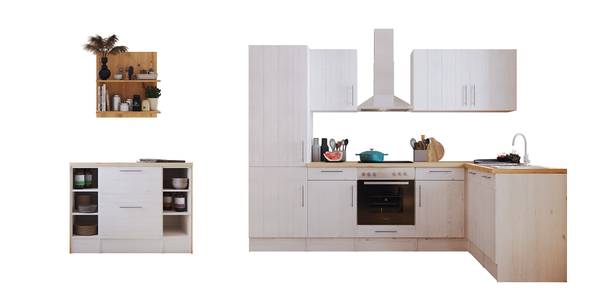 Cuisine d'angle Anton A avec îlot Imitation mélèze blanc / Imitation chêne sauvage - Largeur : 280 cm