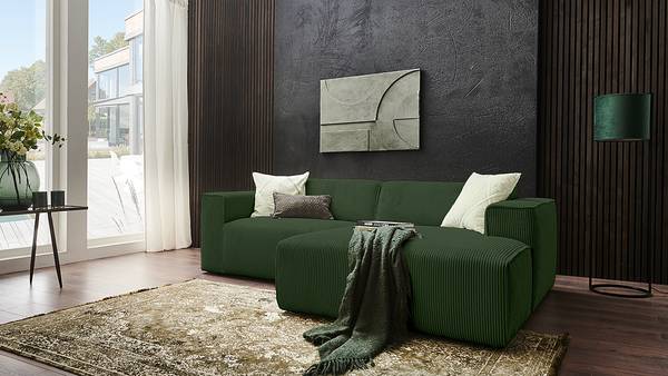 Ecksofa Mandrio mit Longchair Cordstoff Zuri: Wintermoos - Breite: 234 cm - Longchair davorstehend rechts