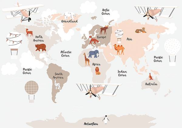 Vlies Fototapete Weltkarte Tiere 450 x 315 cm