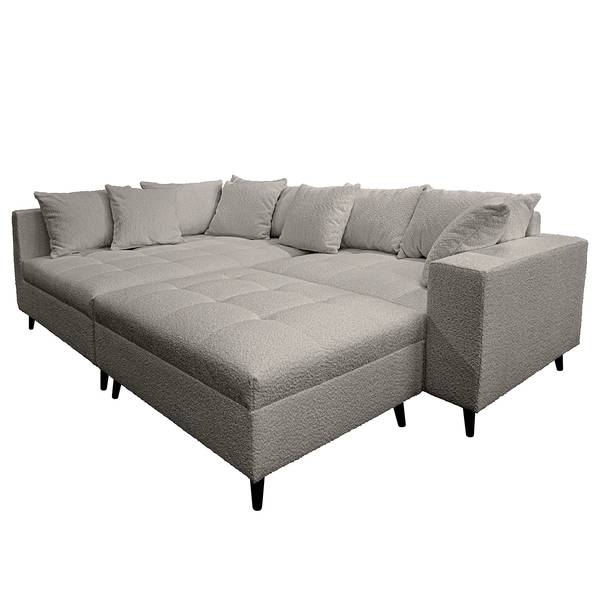 Ecksofa PRUNO mit Hocker Bouclé Stoff Abby: Dunkelgrau - Ottomane davorstehend links
