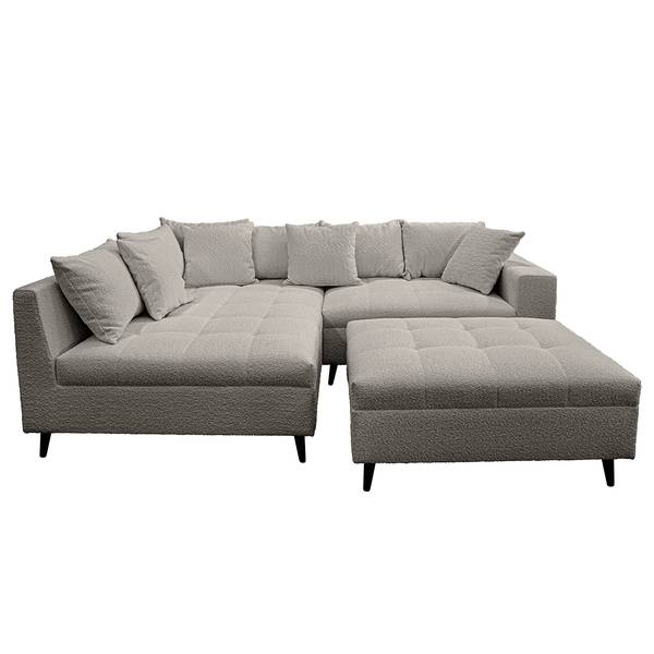 Ecksofa PRUNO mit Hocker Bouclé Stoff Abby: Dunkelgrau - Ottomane davorstehend links