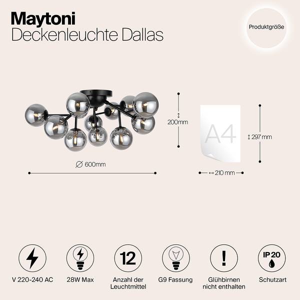 Plafondlamp Dallas type A rookglas/metaalmix - 12-lichts