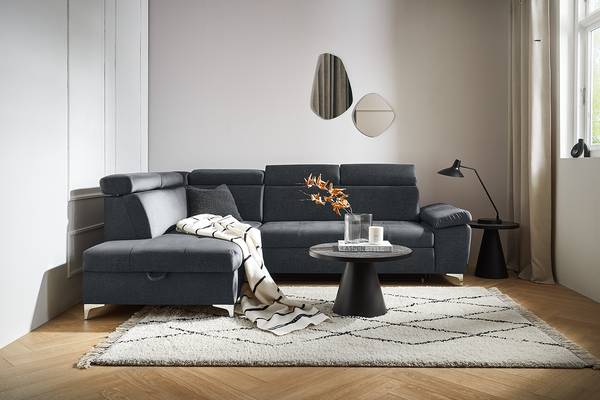 Hoekbank Parley met slaapfunctie velours Onoli: antracietkleurig - ottomane vooraanzicht links