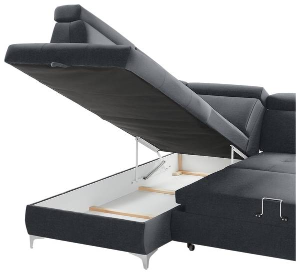Hoekbank Parley met slaapfunctie velours Onoli: antracietkleurig - ottomane vooraanzicht links