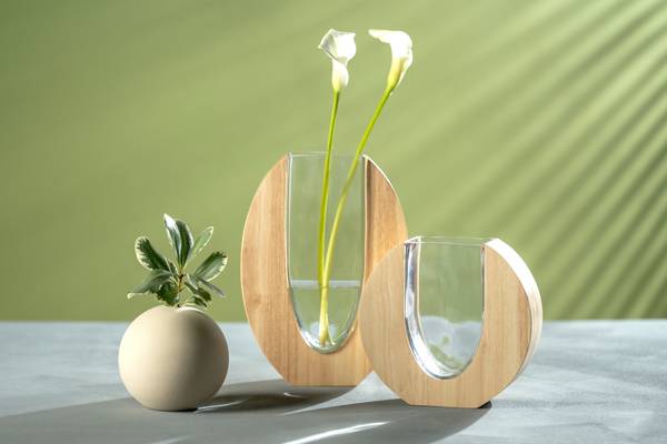 Vaso Legno arrotondato Vetro trasparente / Legno massello dell’albero della gomma - Trasparente / Marrone