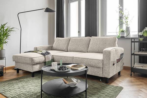 Ecksofa Kuhni mit Longchair Strukturstoff Ethea: Beige - Longchair davorstehend links