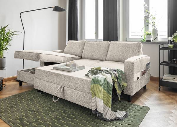 Ecksofa Kuhni mit Longchair Strukturstoff Ethea: Beige - Longchair davorstehend links