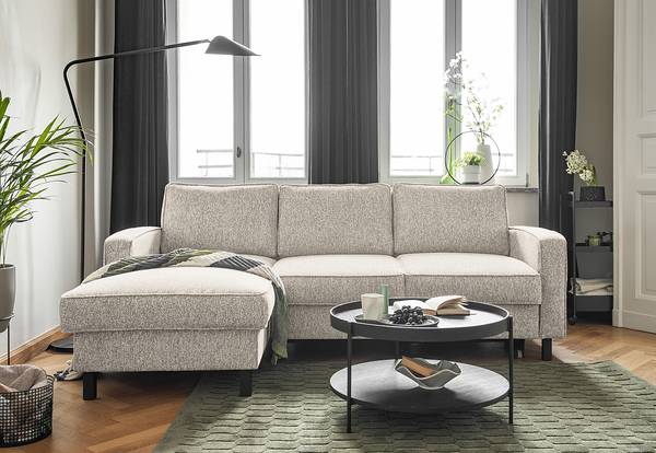 Ecksofa Kuhni mit Longchair Strukturstoff Ethea: Beige - Longchair davorstehend links