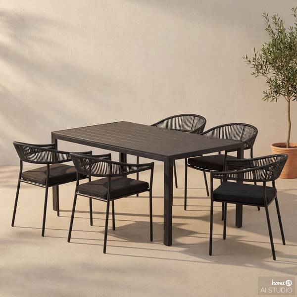 Outdoor-diningset Arjan 5-delig combi B staal/polyrotan - zwart