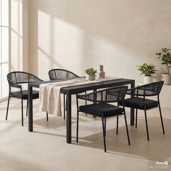 Outdoor-diningset Arjan 5-delig combi B staal/polyrotan - zwart