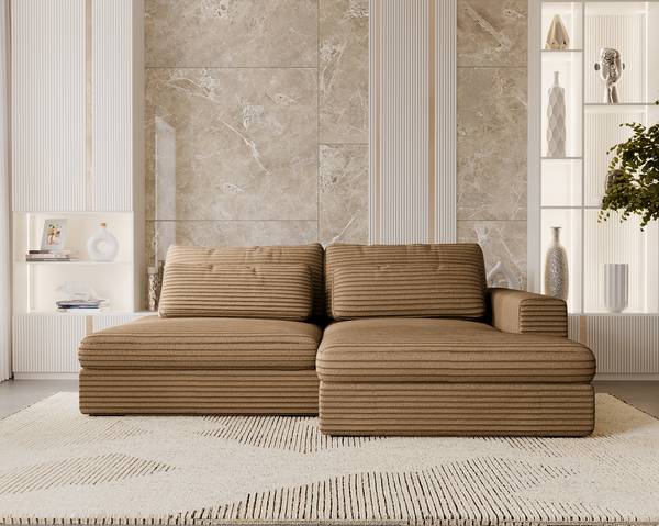 Ecksofa LORNE mit Schlaffunktion Plüsch-Cordstoff Tila: Hellbraun - Longchair davorstehend rechts