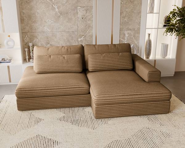 Ecksofa LORNE mit Schlaffunktion Plüsch-Cordstoff Tila: Hellbraun - Longchair davorstehend rechts