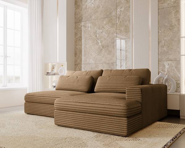 Ecksofa LORNE mit Schlaffunktion Plüsch-Cordstoff Tila: Hellbraun - Longchair davorstehend rechts