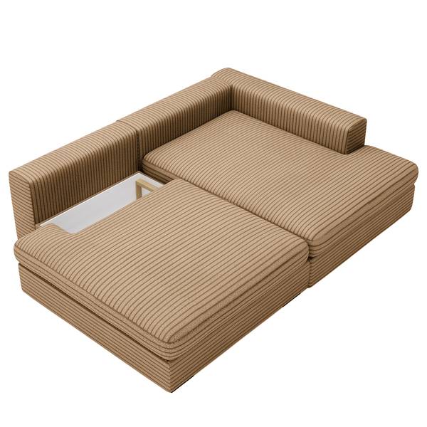 Ecksofa LORNE mit Schlaffunktion Plüsch-Cordstoff Tila: Hellbraun - Longchair davorstehend rechts