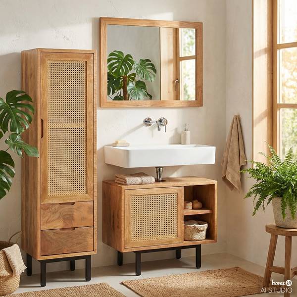 Massiver Midischrank VINA Mango massiv / Wiener Geflecht - Mango / Beige