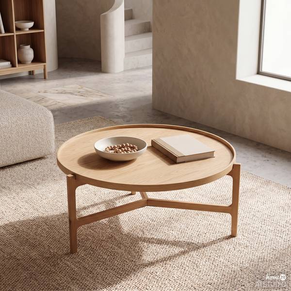 Tavolino da salotto Klawock Impiallacciatura in vero legno - Rovere - Diametro: 94 cm