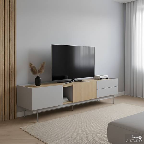 TV-Lowboard Pearcy Echtholzfurnier - Hellgrau / Eiche