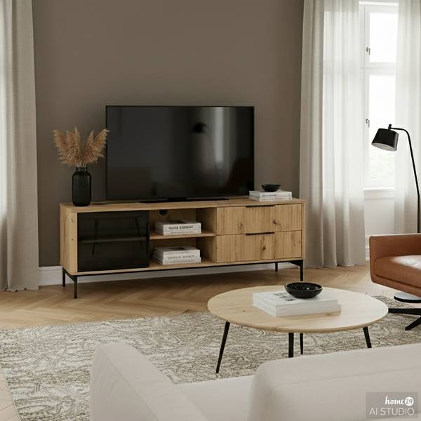TV-Lowboard Kivett Eiche Dekor / Schwarz