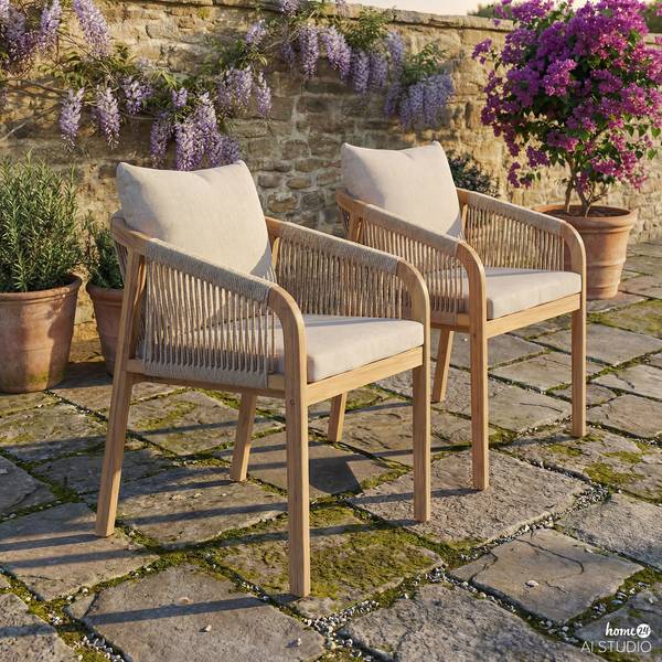 Tuinstoel Evoa set van 2 massief acaciahout/geweven stof - beige