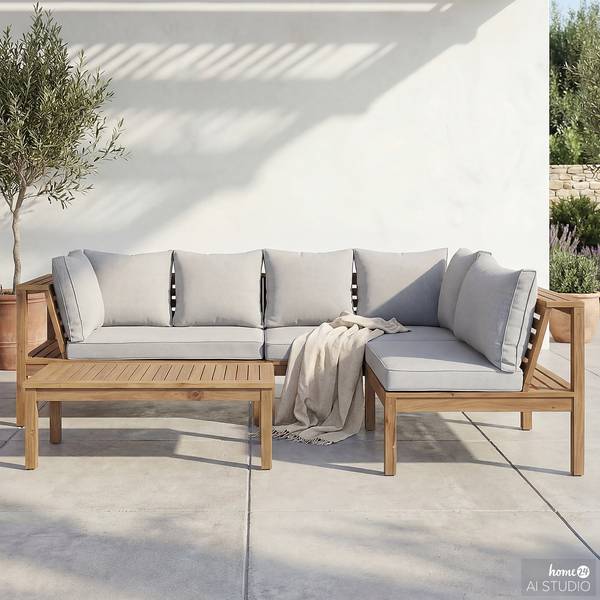 Loungeset Solano 4-teilig Akazie massiv / Webstoff - Akazie Braun / Beige
