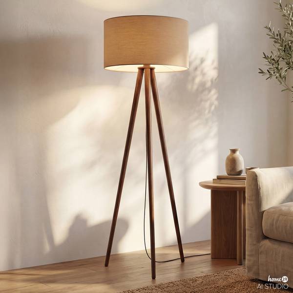 Stehleuchte LUNIX Pinie massiv / Textil - 1-flammig - Taupe