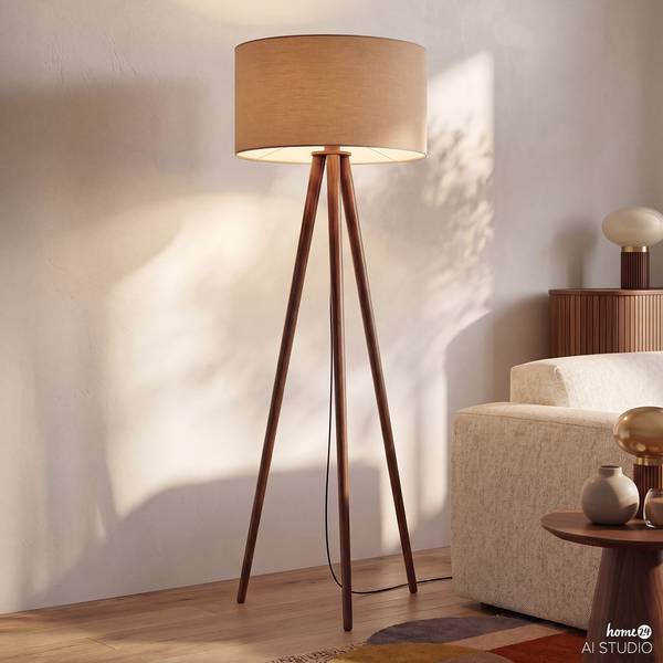 Stehleuchte LUNIX Pinie massiv / Textil - 1-flammig - Taupe