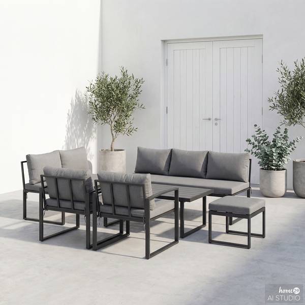 Loungeset Minto 6-teilig Eisen / Webstoff - Grau / Anthrazit