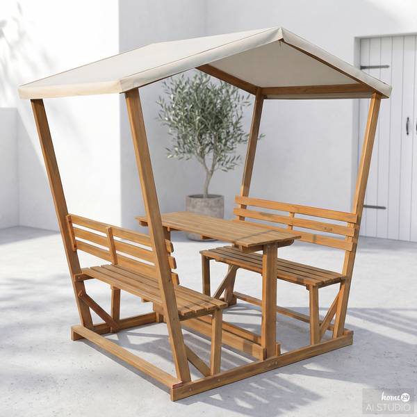 Überdachte Gartensitzgruppe Eterra Akazie massiv / Polyester - Braun