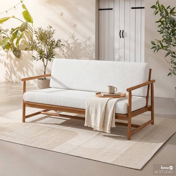 Loungebank Teva massief acaciahout/geweven stof - bruin acaciahout/crèmekleurig