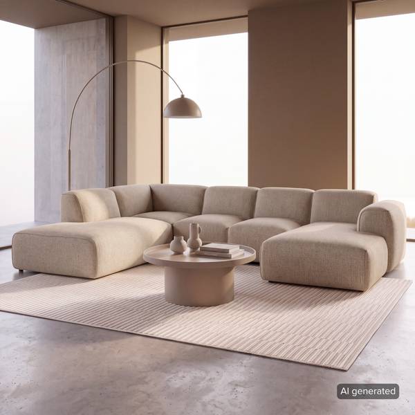 Wohnlandschaft HUDSON Webstoff Amaris: Beige - Longchair davorstehend rechts / Ottomane links