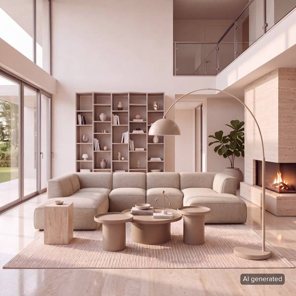 Wohnlandschaft HUDSON Webstoff Amaris: Beige - Longchair davorstehend rechts / Ottomane links