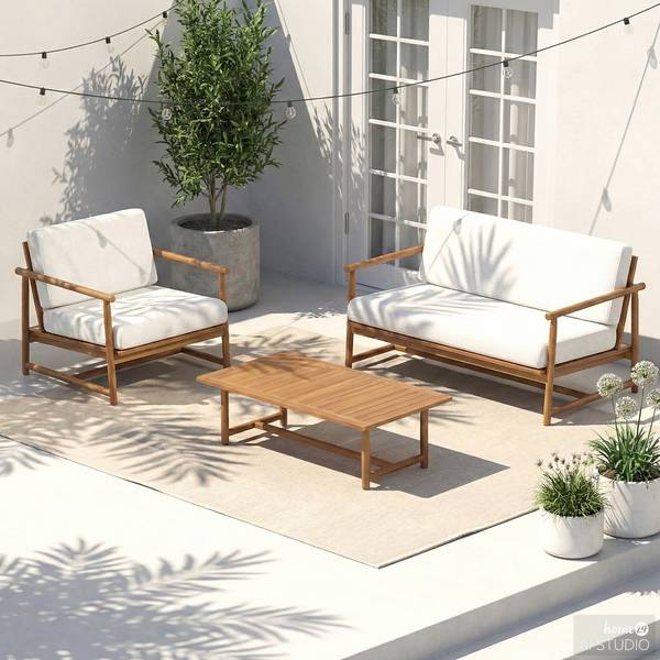 Set di 3 mobili da esterno Teva Legno di acacia massello / Tessuto - Acacia marrone / crema