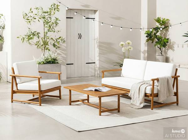 Set di 3 mobili da esterno Teva Legno di acacia massello / Tessuto - Acacia marrone / crema