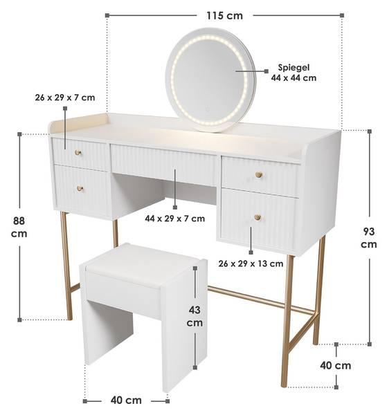 Schminktisch Samira mit Hocker Melly Weiß - Holzwerkstoff - 115 x 137 x 40 cm