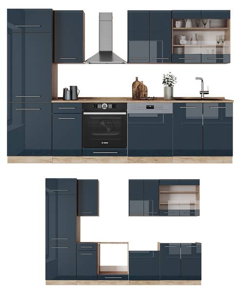 Complete keukeneenheid Fame-Line 49776 hoogglans nachtblauw - zandkleurige eikenhouten look