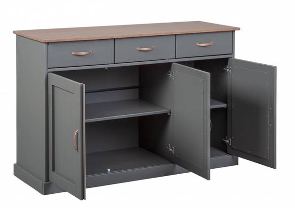 Buffet mit 3 Türen und 3 Schubladen Grau - Massivholz - 45 x 86 x 131 cm
