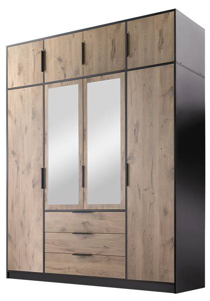 Kleiderschrank Lati 4D mit Aufsatz Schwarz - Eiche