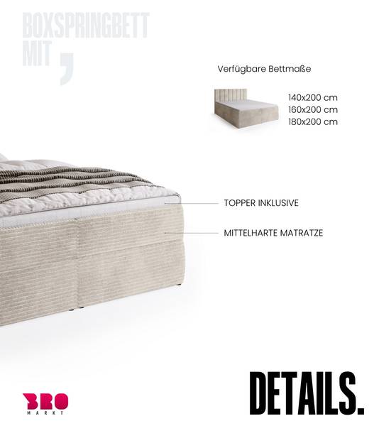 Boxspringbett DENVER Creme - Breite: 140 cm - Liegefläche Breite: 140 cm