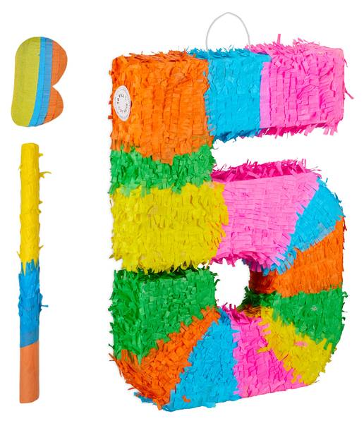 Pinata Zahl mit Stab und Maske Blau - Hellrosa - Orange
