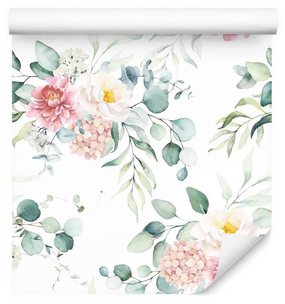 Papier Peint FLEURS Feuilles Eucalyptus Beige - Vert - Rose foncé - Blanc - Polaire - 53 x 1000 x 1000 cm