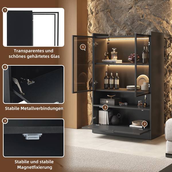 Vitrine Ourea Ⅰ Noir - Bois manufacturé - Verre - 35 x 120 x 80 cm