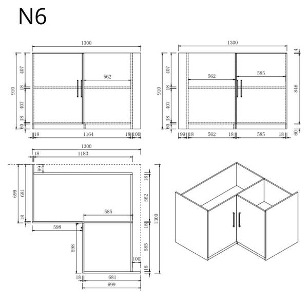 Onderkast keuken N6 grijs - plaatmateriaal op houtbasis - 130 x 91 x 130 cm