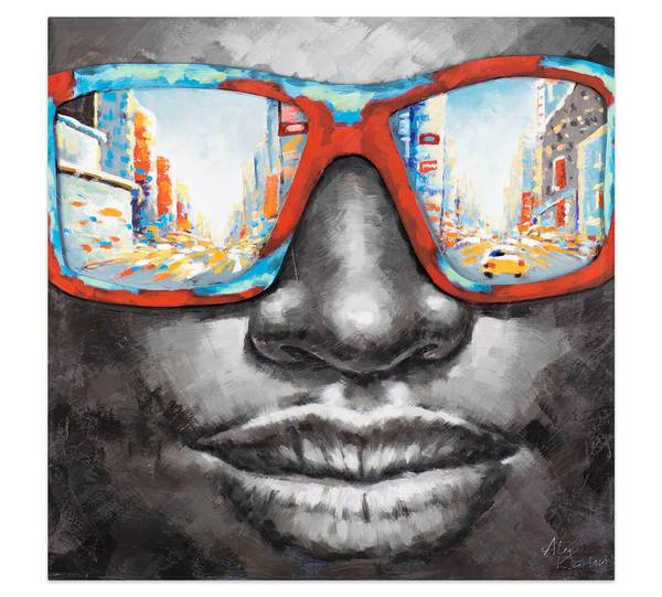 Acrylbild Handgemalt Gesicht Zil Grau - Baumwollstoff - 80 x 80 x 4 cm