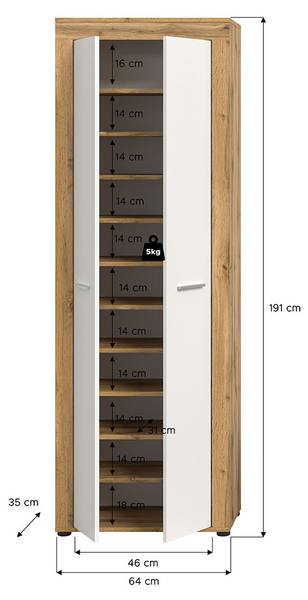 Meuble à chaussures Jam Blanc - En partie en bois massif - 64 x 191 x 35 cm