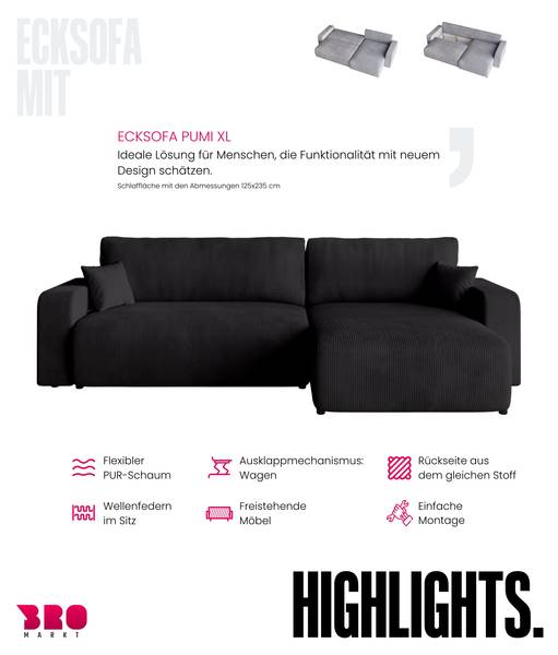 Ecksofa mit Schlaffunktion PUMI XL Schwarz