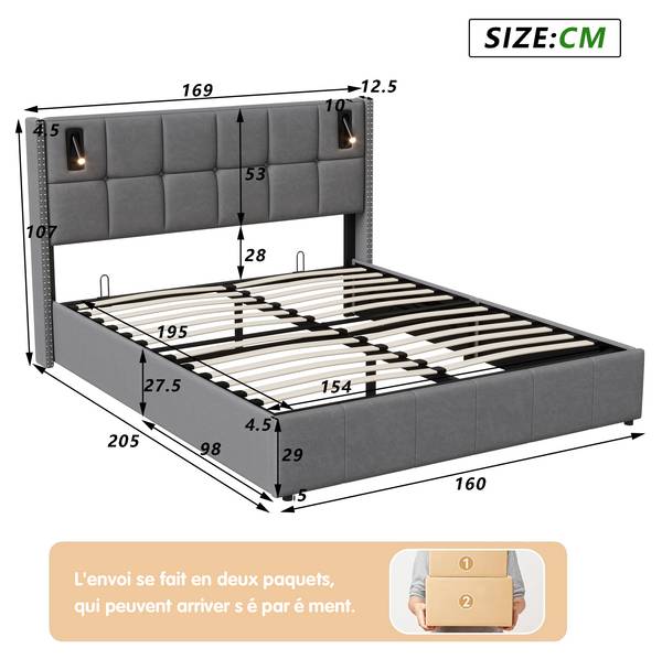 Polsterbett YCC01 Grau - Metall - Massivholz - 169 x 107 x 205 cm