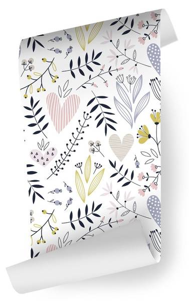 Papier Peint FEUILLES Fleurs Cœurs Noir - Mauve - Blanc - Polaire - 53 x 1000 x 1000 cm